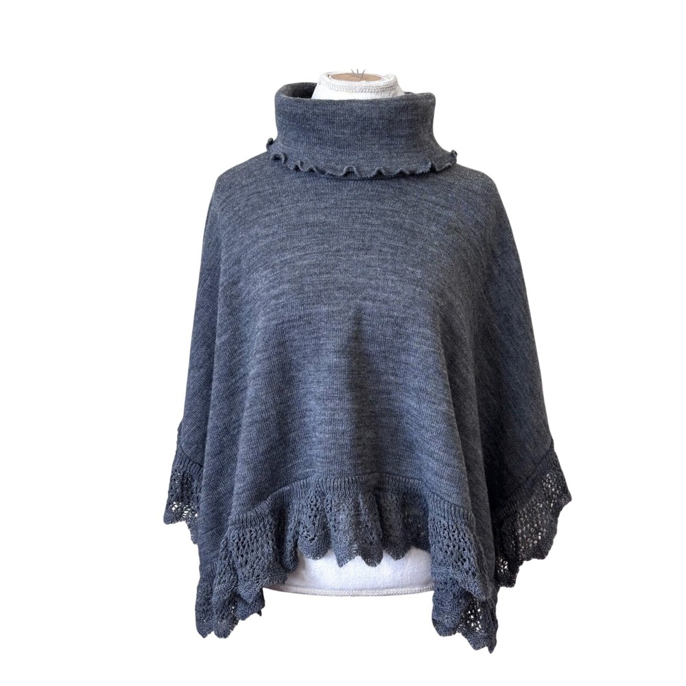 Italian Lines Womens Boho Knit Poncho One Size Gray Wool Alpaca Ruffle Lace Trim